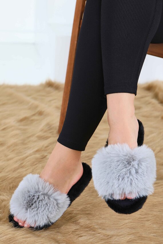 Kadın Gri Ponponlu Ev Terliği - 27782-GRI - 1