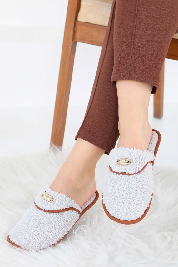 Kadın Gri Tokalı Peluş Ev Terliği - 27912-GRI - 1