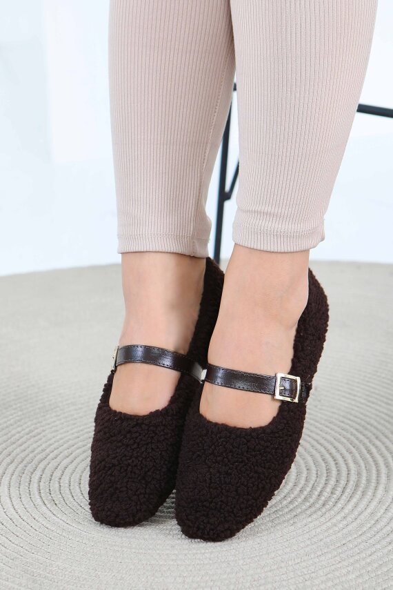 Kadın Kahve Peluş Kemerli Babet - 27792-KAHVE - 3