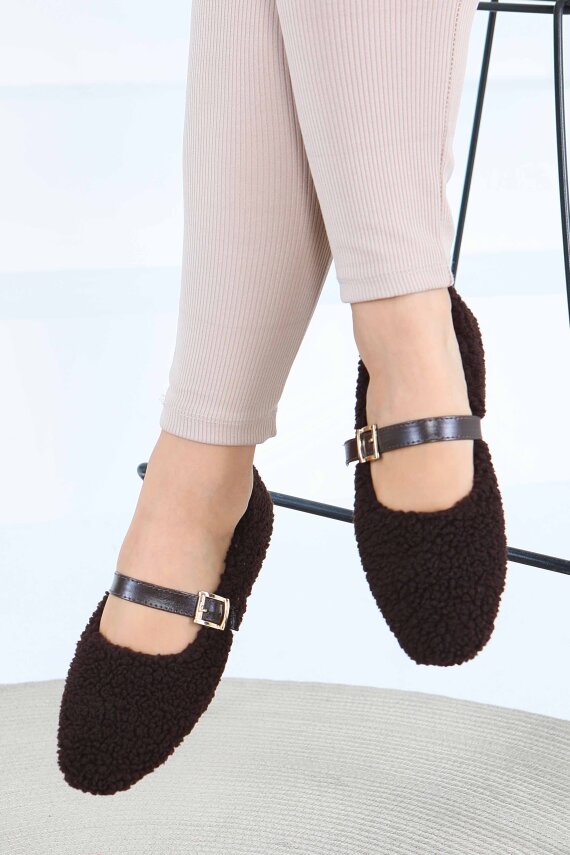 Kadın Kahve Peluş Kemerli Babet - 27792-KAHVE - 1