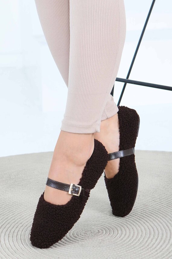 Kadın Kahve Peluş Kemerli Babet - 27792-KAHVE - 2