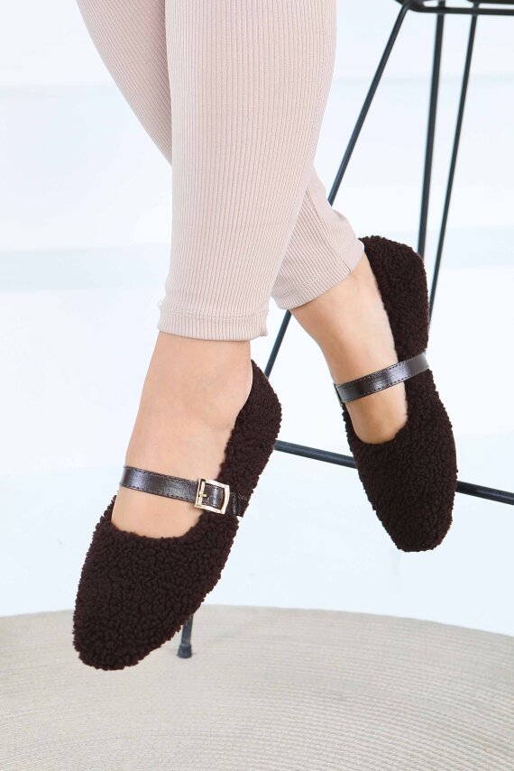 Kadın Kahve Peluş Kemerli Babet - 27792-KAHVE - 4