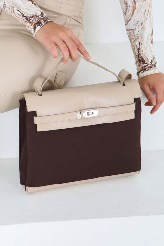 Kadın Kahve Suni Deri Detaylı Omuz Çantası - 27843-KAHVE - 2