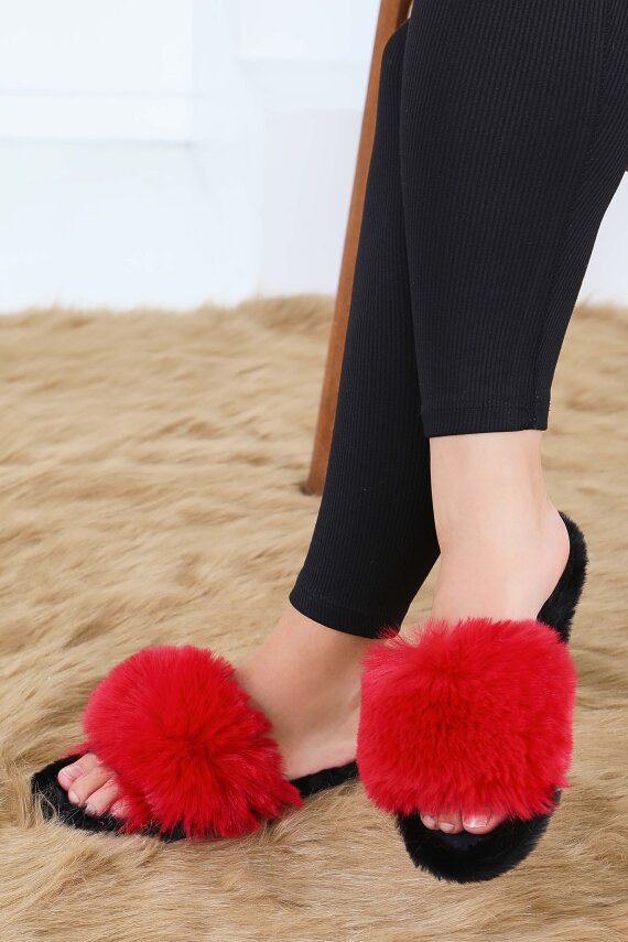 Kadın Kirmizi Ponponlu Ev Terliği - 27782-KIRMIZI - 1