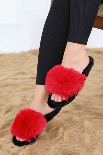 Kadın Kirmizi Ponponlu Ev Terliği - 27782-KIRMIZI - 2