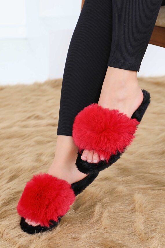 Kadın Kirmizi Ponponlu Ev Terliği - 27782-KIRMIZI - 2