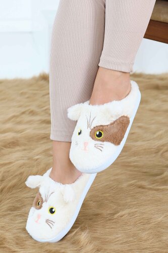 Kadın Krem Kedi İşleme Detaylı Ev Terliği - 27778-KREM