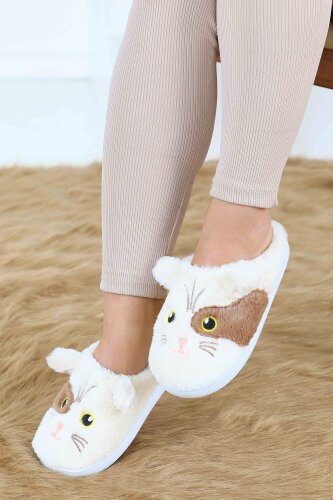 Kadın Krem Kedi İşleme Detaylı Ev Terliği - 27778-KREM - 2