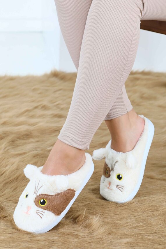 Kadın Krem Kedi İşleme Detaylı Ev Terliği - 27778-KREM - 3