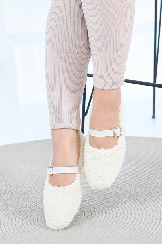 Kadın Krem Peluş Kemerli Babet - 27792-KREM - 1