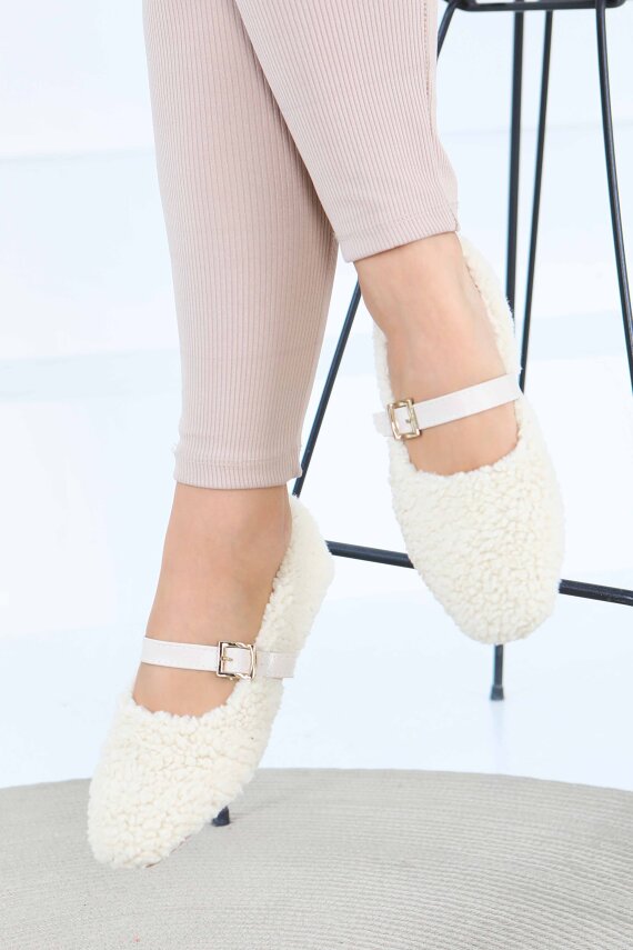 Kadın Krem Peluş Kemerli Babet - 27792-KREM - 2