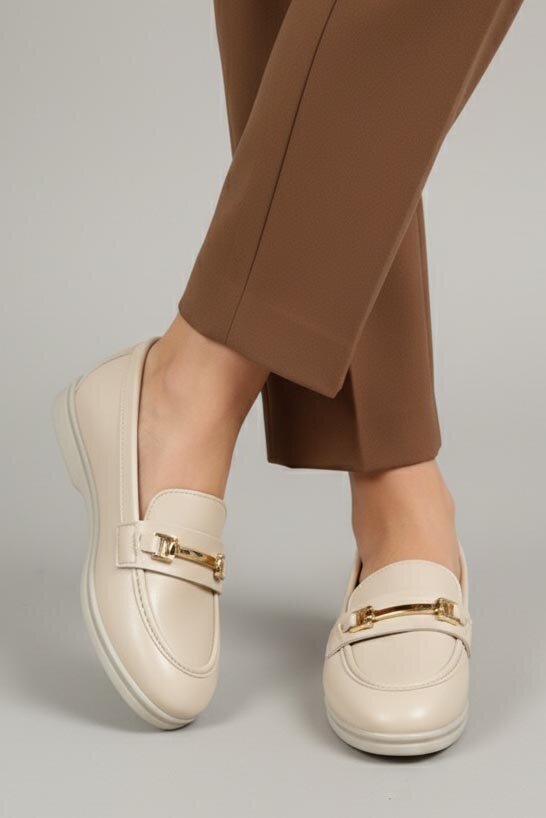 Kadın Krem Tokalı Cilt Babet - 27908-KREM - 1