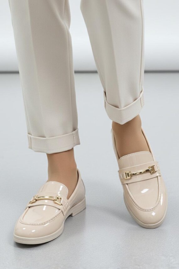 Kadın Krem Tokalı Cilt Babet Ayakkabı - 27909-KREM - 1