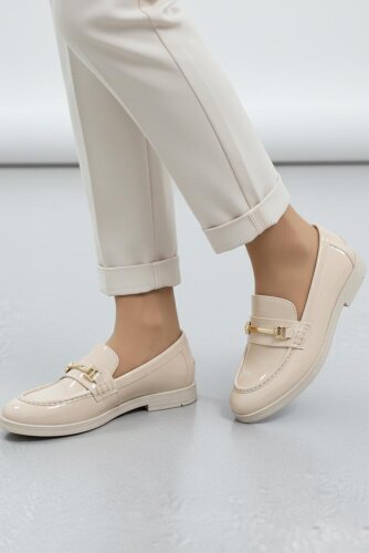 Kadın Krem Tokalı Cilt Babet Ayakkabı - 27909-KREM - 2