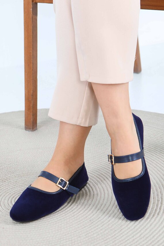 Kadın Lacivert Kemerli Süet Babet - 27791-LACIVERT - 1