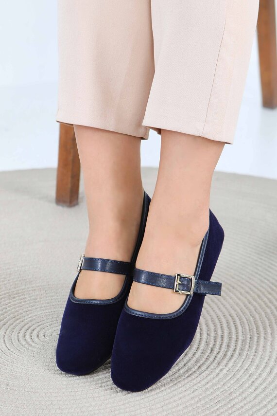 Kadın Lacivert Kemerli Süet Babet - 27791-LACIVERT - 2