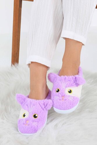 Kadın Lila Kedi İşleme Detaylı Ev Terliği - 27778-LILA - 2