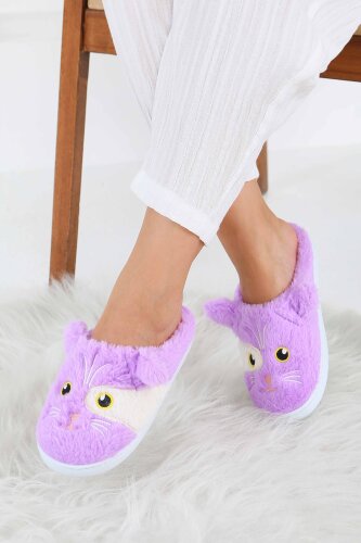 Kadın Lila Kedi İşleme Detaylı Ev Terliği - 27778-LILA - 3