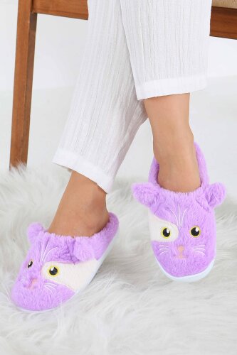Kadın Lila Kedi İşleme Detaylı Ev Terliği - 27778-LILA