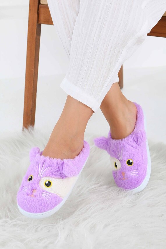Kadın Lila Kedi İşleme Detaylı Ev Terliği - 27778-LILA - 3
