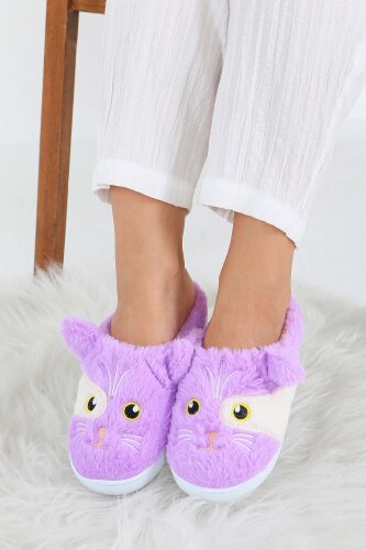 Kadın Lila Kedi İşleme Detaylı Ev Terliği - 27778-LILA - 4