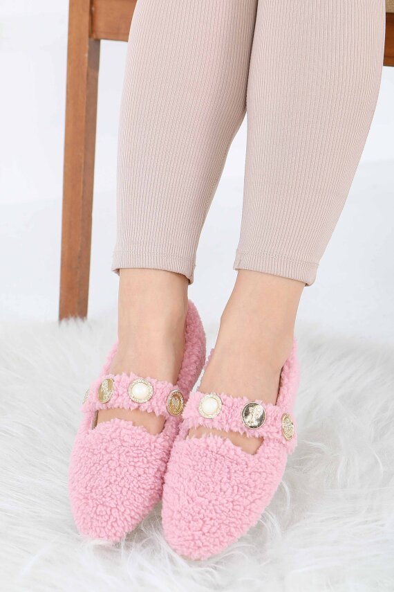 Kadın Pembe İnci Ve Tuğra Detaylı Peluş Babet - 27911-PEMBE - 3