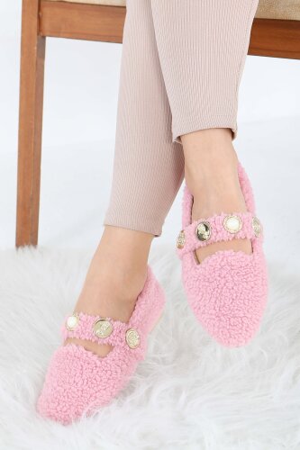 Kadın Pembe İnci Ve Tuğra Detaylı Peluş Babet - 27911-PEMBE - 4