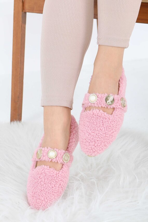 Kadın Pembe İnci Ve Tuğra Detaylı Peluş Babet - 27911-PEMBE - 1