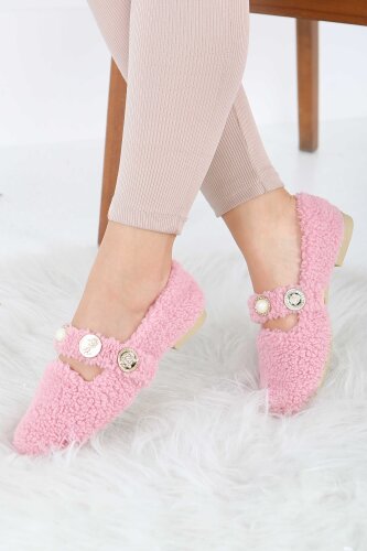 Kadın Pembe İnci Ve Tuğra Detaylı Peluş Babet - 27911-PEMBE - 2