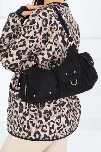 Kadın Siyah Cep Detaylı Süet Kol Çantası - 27846-SIYAH