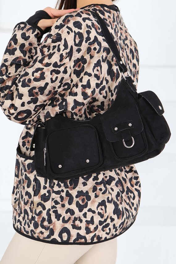 Kadın Siyah Cep Detaylı Süet Kol Çantası - 27846-SIYAH - 1