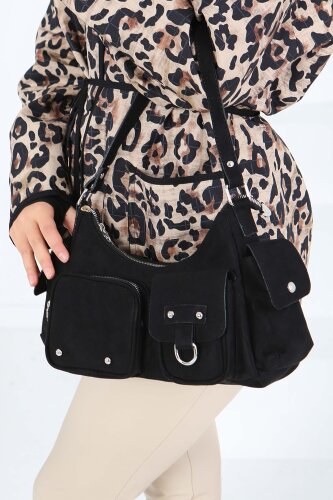 Kadın Siyah Cep Detaylı Süet Kol Çantası - 27846-SIYAH - 2