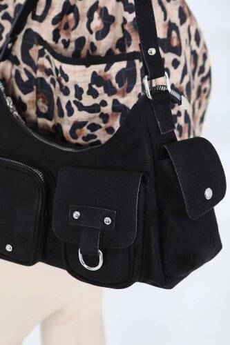 Kadın Siyah Cep Detaylı Süet Kol Çantası - 27846-SIYAH - 3