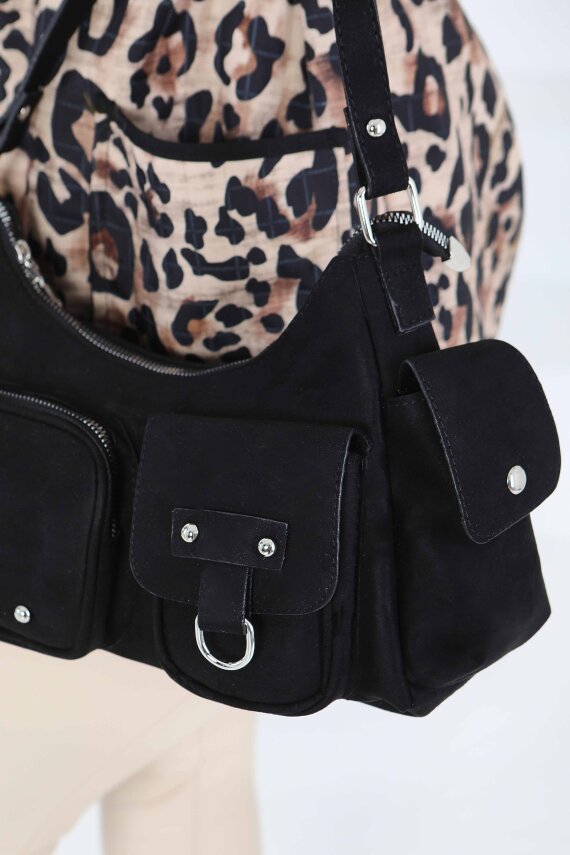 Kadın Siyah Cep Detaylı Süet Kol Çantası - 27846-SIYAH - 3