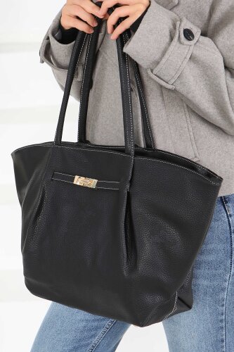 Kadın Siyah Geniş Suni Deri Omuz Çantası - 27844-SIYAH - 4