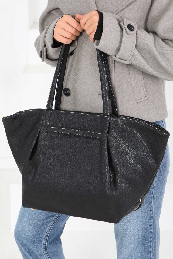 Kadın Siyah Geniş Suni Deri Omuz Çantası - 27844-SIYAH - 5