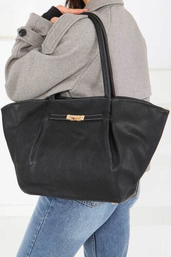 Kadın Siyah Geniş Suni Deri Omuz Çantası - 27844-SIYAH