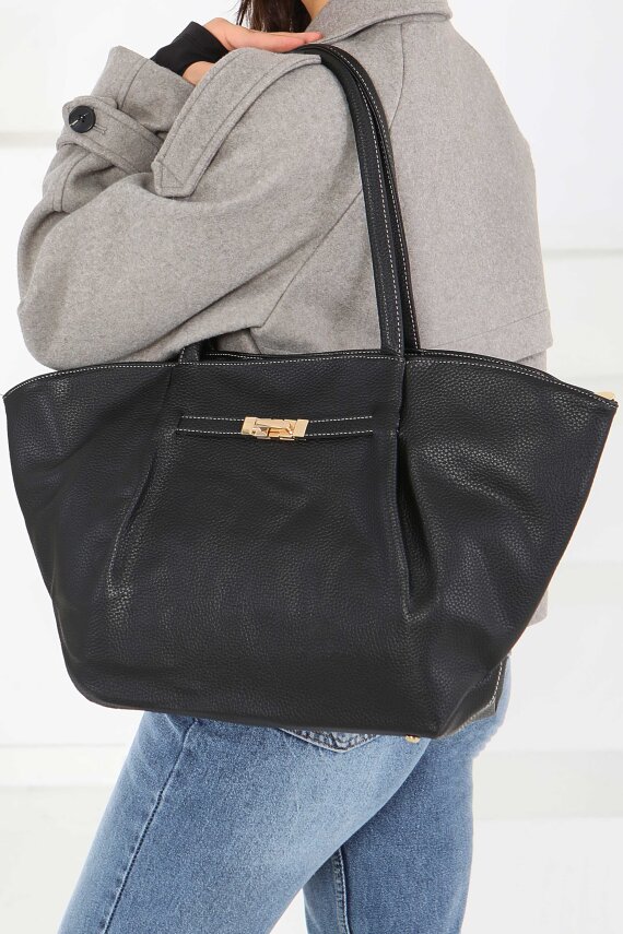 Kadın Siyah Geniş Suni Deri Omuz Çantası - 27844-SIYAH - 1