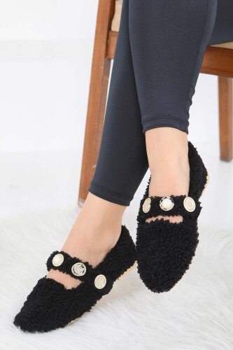 Kadın Siyah İnci Ve Tuğra Detaylı Peluş Babet - 27911-SIYAH