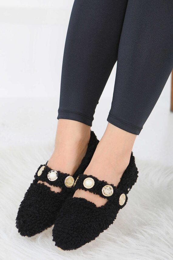 Kadın Siyah İnci Ve Tuğra Detaylı Peluş Babet - 27911-SIYAH - 2