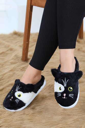 Kadın Siyah Kedi İşleme Detaylı Ev Terliği - 27778-SIYAH