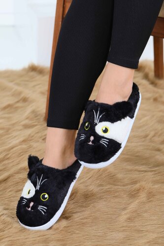 Kadın Siyah Kedi İşleme Detaylı Ev Terliği - 27778-SIYAH - 2