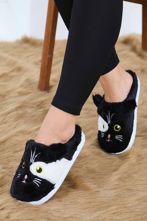 Kadın Siyah Kedi İşleme Detaylı Ev Terliği - 27778-SIYAH - 3