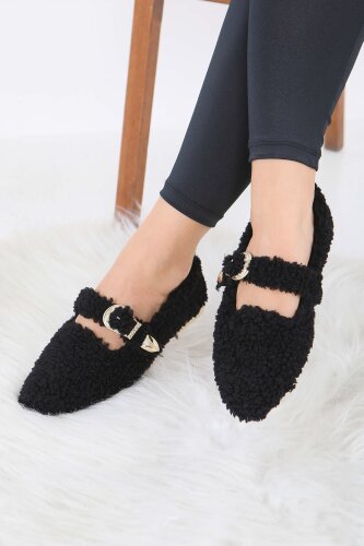 Kadın Siyah Kemer Detaylı Peluş Babet - 27910-SIYAH