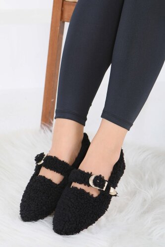 Kadın Siyah Kemer Detaylı Peluş Babet - 27910-SIYAH - 2