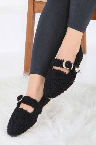 Kadın Siyah Kemer Detaylı Peluş Babet - 27910-SIYAH - 3