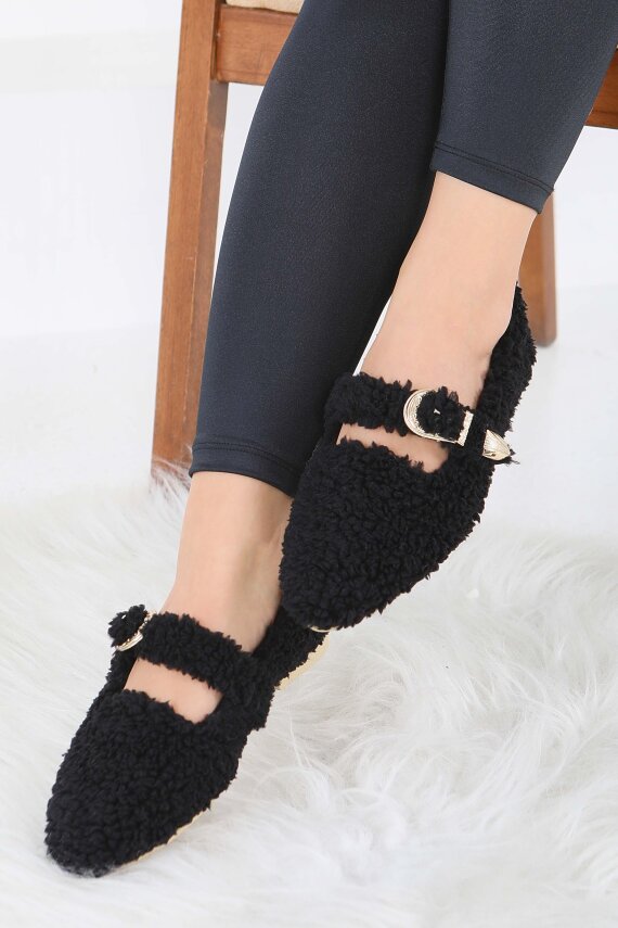 Kadın Siyah Kemer Detaylı Peluş Babet - 27910-SIYAH - 3