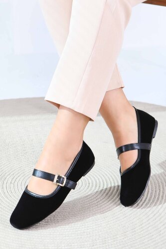 Kadın Siyah Kemerli Süet Babet - 27791-SIYAH