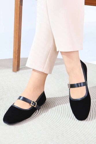 Kadın Siyah Kemerli Süet Babet - 27791-SIYAH - 2