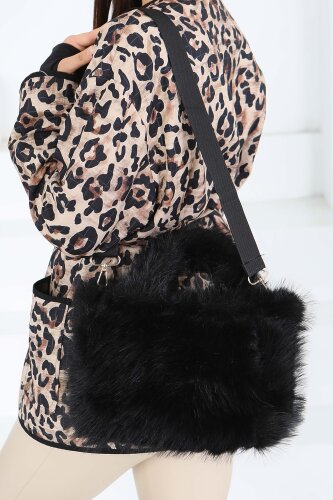 Kadın Siyah Kürklü El Çantası - 27841-SIYAH